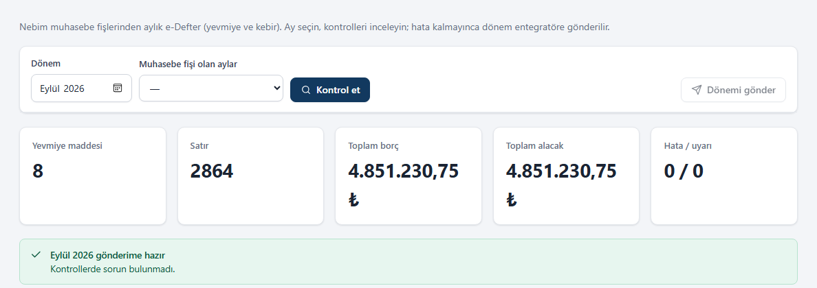 e-Defter dönem kontrolü: yevmiye maddesi, toplam borç ve alacak, hata sayısı