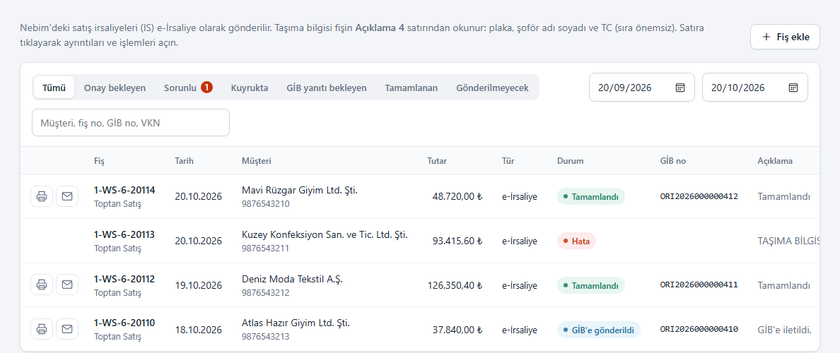 e-İrsaliye listesi